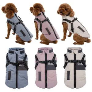 Pet Dog Wind Breaker with Dual D Leash Vest Dog Jacket Warm Dog Hoodie Warm Dog Clothes